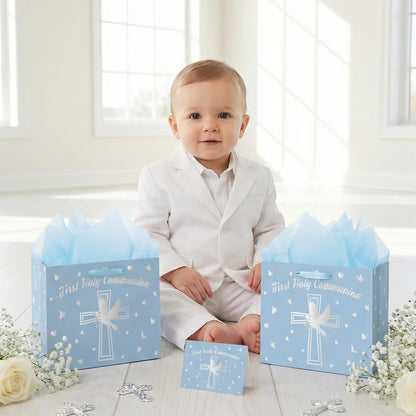 Yomaiha Blue First Holy Communion Gift Bag with Wrapping Paper and Greeting Card, Silver Cross Gift Bag with Pigeon Design Christian Religious Wrapping Paper Bag for Baby Boy Baptism Party Supplies