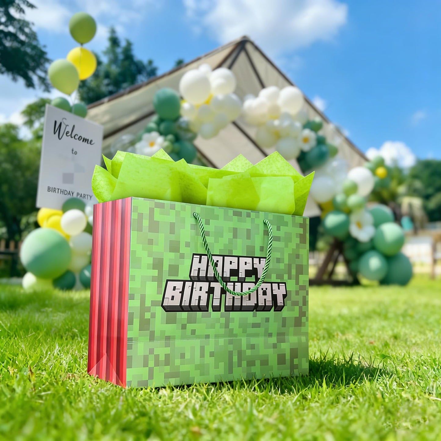 Dvngrt Birthday Goodie Bags,Pixel Party Favor Bags with Tissue Paper Greeting Card Envelope for Birthday Party