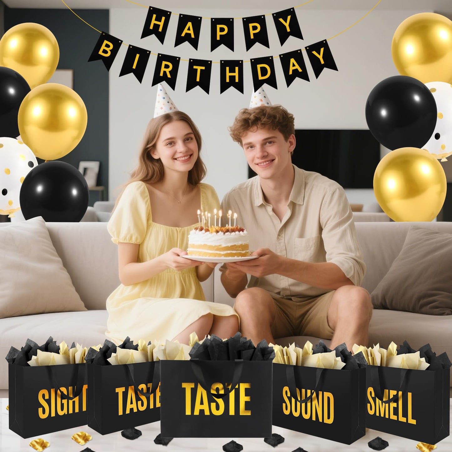 5 Senses Gift Bags For Him Her With Labels Tissue Paper and Handles, Comes With Birthday Decoration Rose Petals and Happy Birthday Banner Balloons for Valentine's Day (Black Gold, 12.6 x 8.7 x 4 inch)