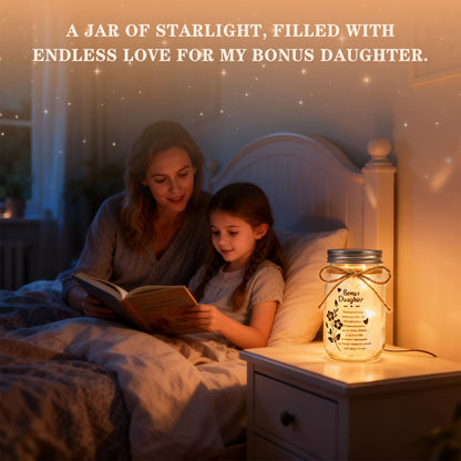 Bonus Daughter Mason Jar Night Light, Bonus Daughter Birthday Gifts from Stepmom, Step Daughter Gifts, Best Step Daughter Gift Idea for Birthday Christmas Comfort Decor