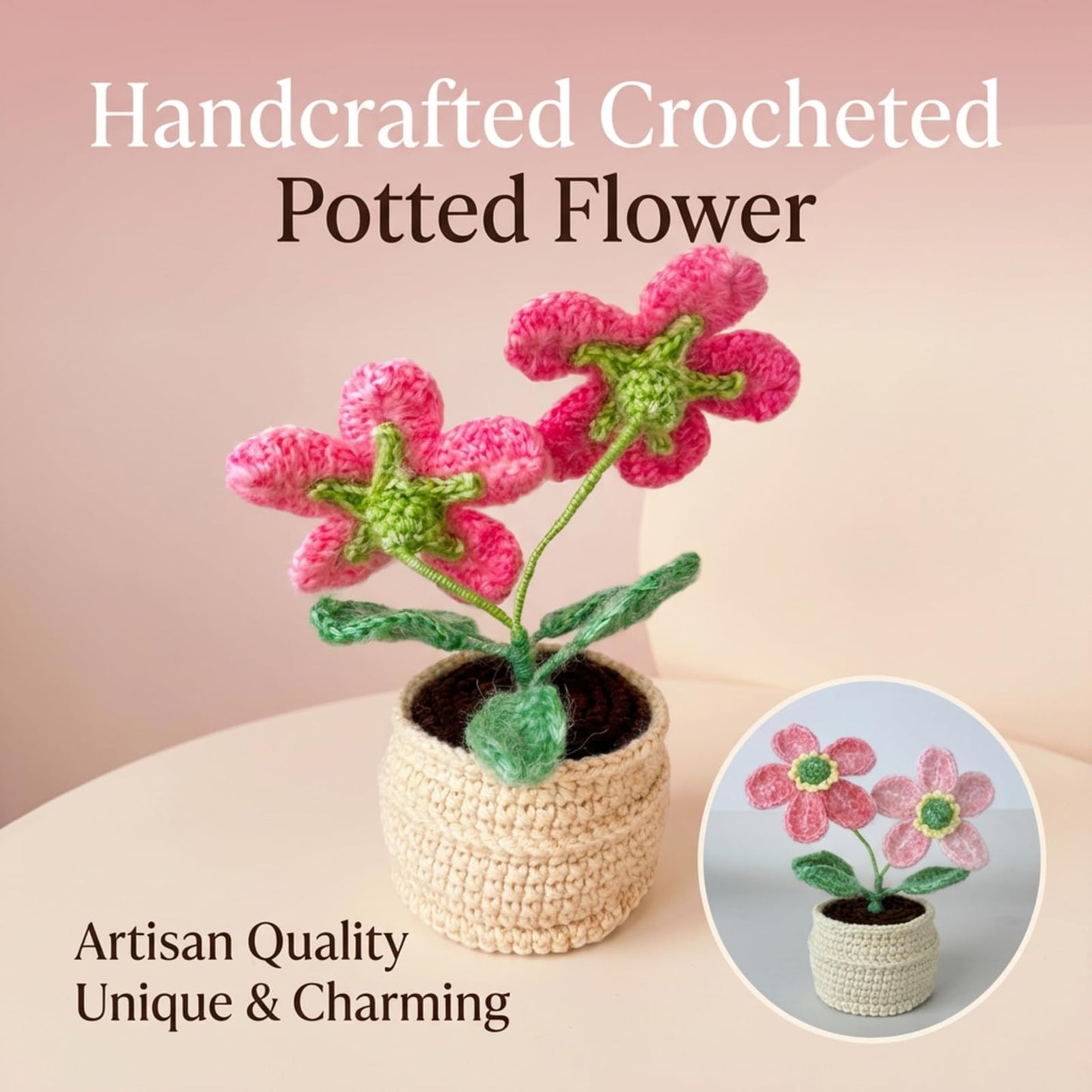 Hand-Made Crochet Wild Rose with Greeting Card and Handled Gift Bag, Spring Artificial Flowers for Mothers Day Appreciation Gifts for Family Girl Friend Other Half(Gradient Pink)