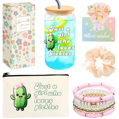 Pickle Gifts for Women, Funny Pickle Lover Gift Set with 16oz Glass Tumbler, Bracelets, Pouch Bag, Scrunchie, Box for Pickles Themed Party, Birthday Mothers Day Gift Idea(Pickles)