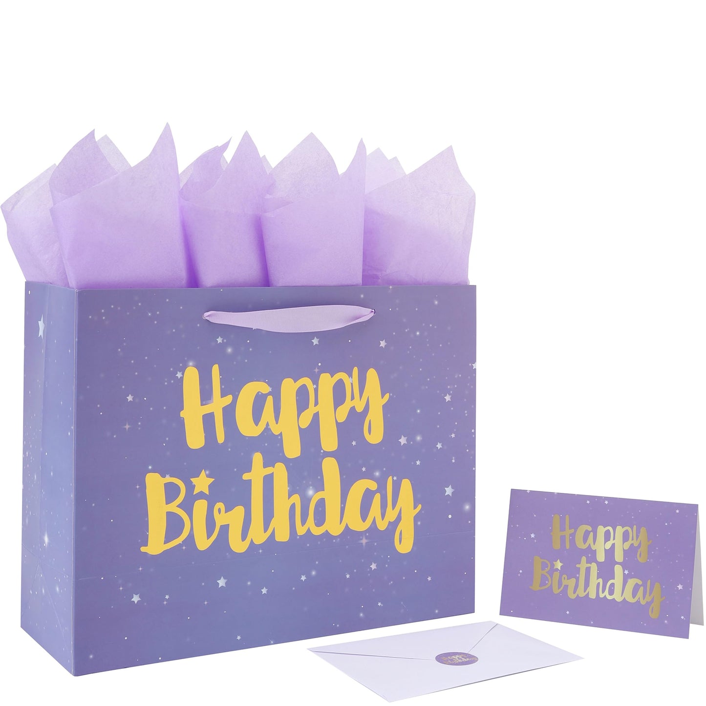 Qirrmiy 13” Large Purple Happy Birthday Gift Bag Set with Handles, Greeting Card, Lavender Tissue Papers and Stickers for Women Girls Kids, Stars Design, 1 Pcs.