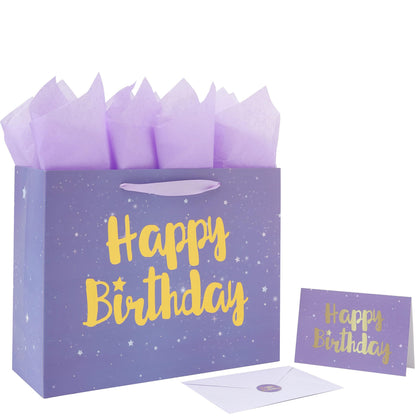 Qirrmiy 13” Large Purple Happy Birthday Gift Bag Set with Handles, Greeting Card, Lavender Tissue Papers and Stickers for Women Girls Kids, Stars Design, 1 Pcs.