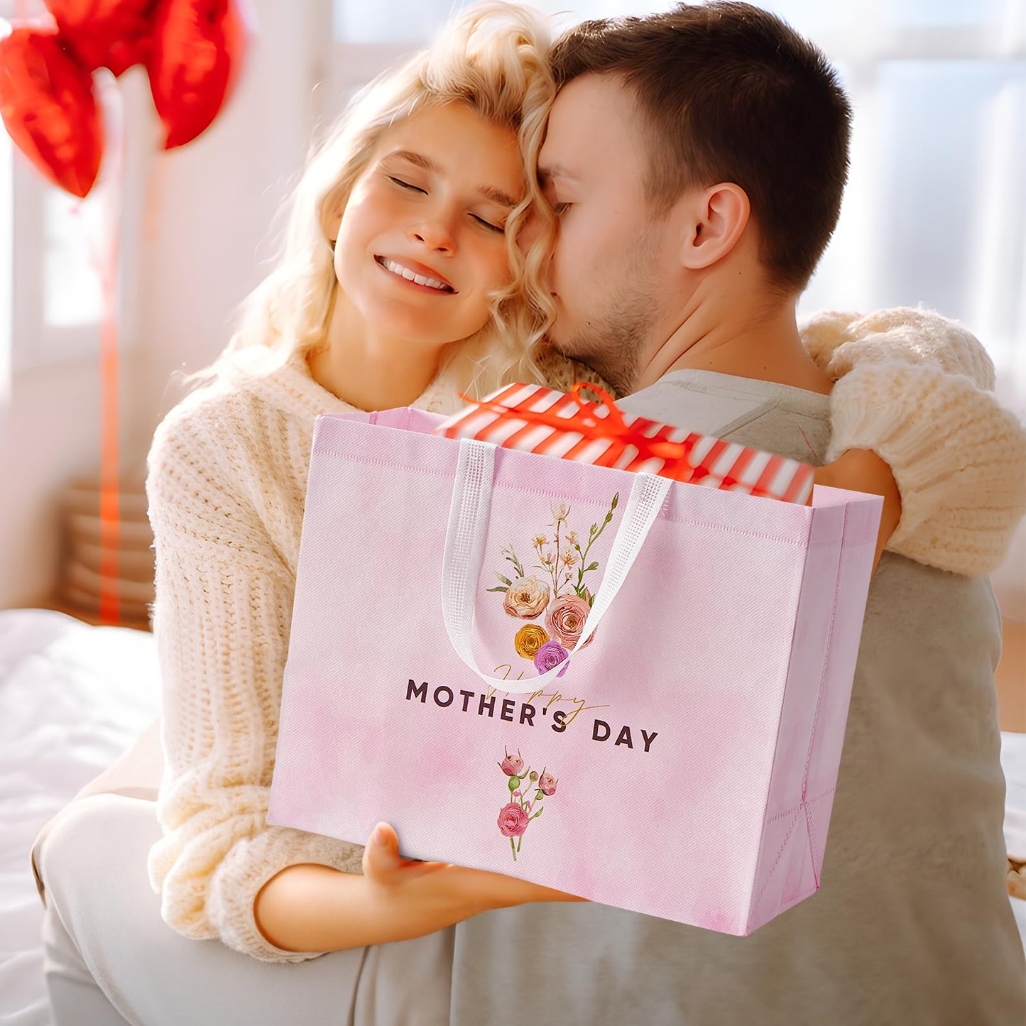 STYPOP 2 Pack 13" Large Mothers Day Gift Bags with Tissue Paper, Reusable Non-Woven Pink Gift Bags with Handles, Mothers Day Gifts for Mom/Grandma/Friends, 12.8"*10.2"*6.3"