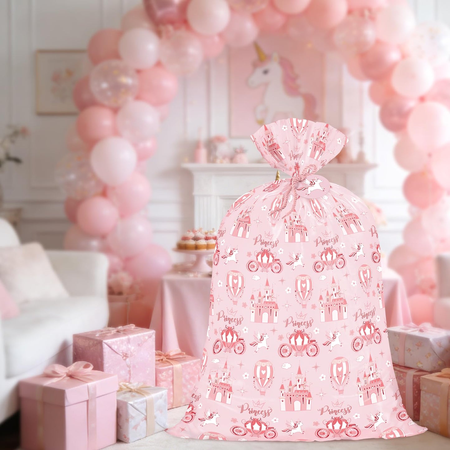 WRAPAHOLIC 56" Extra Large Princess Plastic Gift Bag - Princess Castle Design Pink Jumbo Bike Bag Gift Wrap for Kids Girls Birthday and Baby Girl Shower - 56" H x 36" W