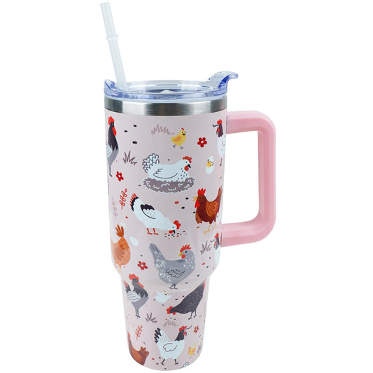 40 oz Tumbler with Handle and Straw Lid Leak Proof, Chicken and Rooster Design Coffee Travel Mug with Handle Insulated for Hot and Cold Drink Ice, Mother's Day Birthday Gifts for Women Mom