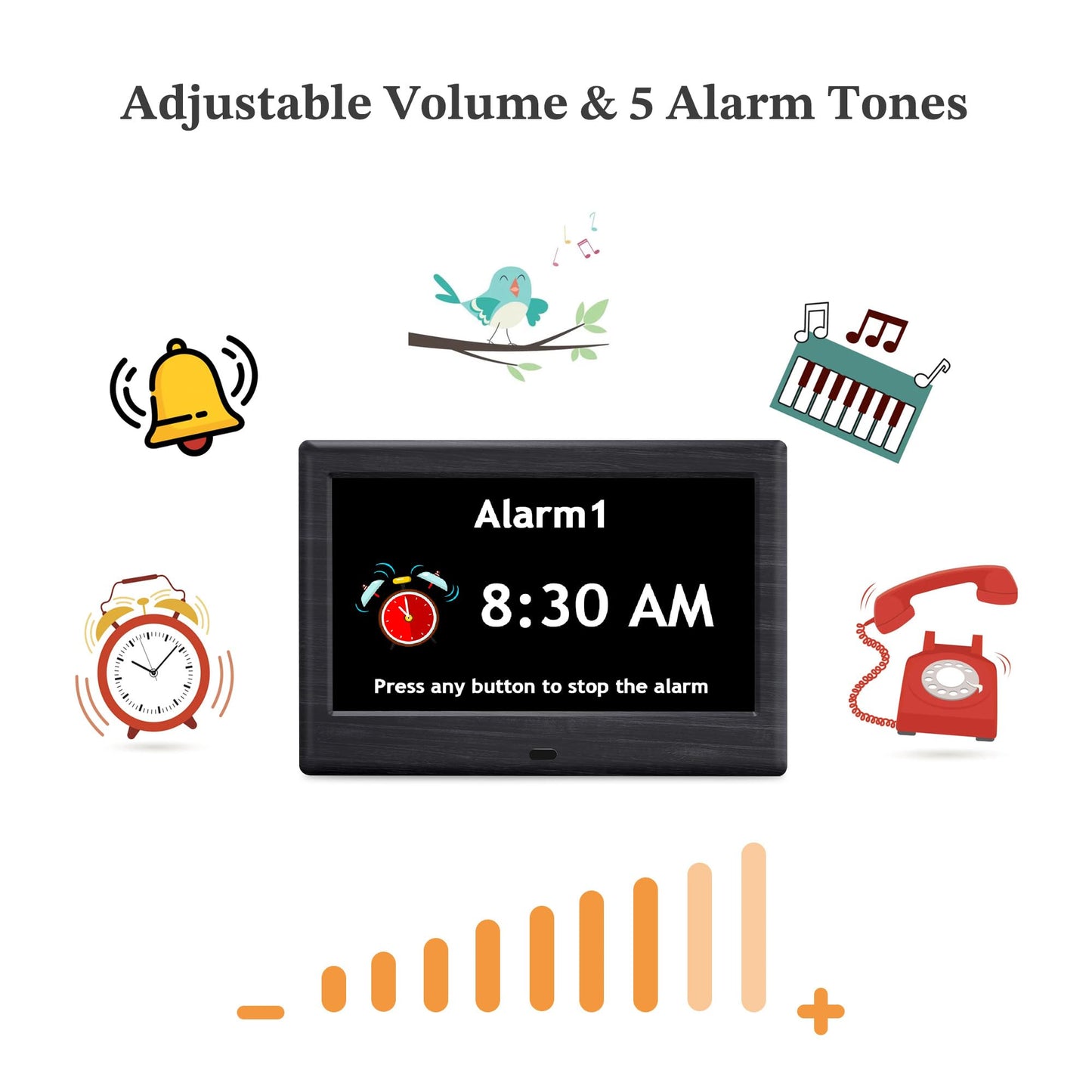 7'' Digital Clocks, 12 Reminders & 6 Alarms, Dementia Clock with Date and Time for Elderly, Auto-Dimming, Button & Remote Control, Auto DST, Digital Calendar for Seniors Large Display, Black Woodgrain