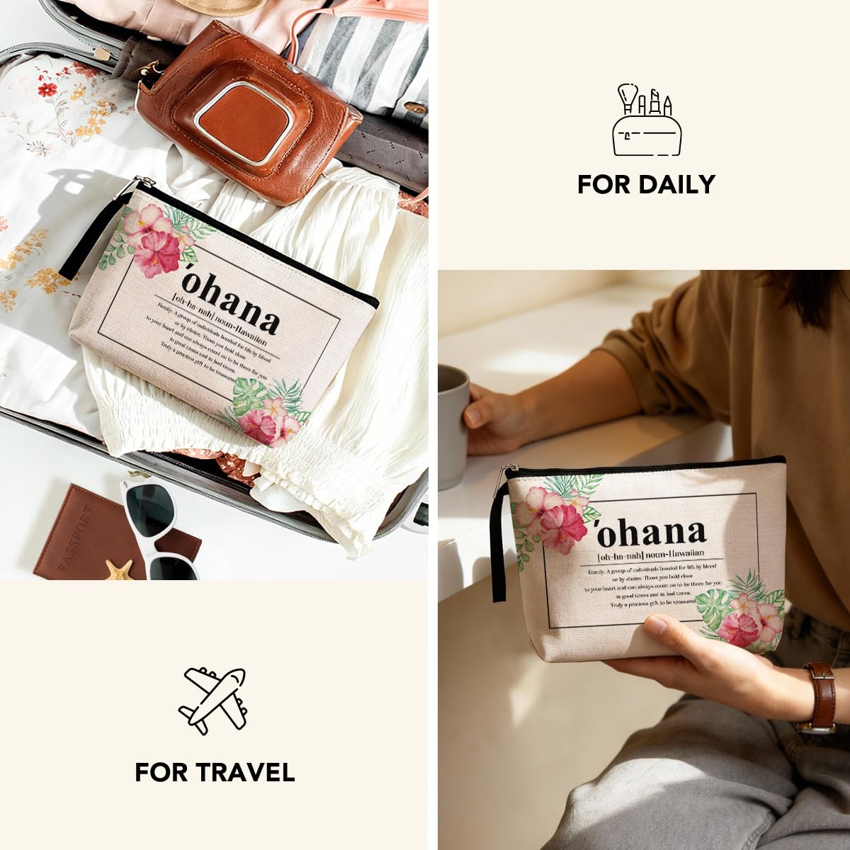 Hawaii Gifts Hawaiian Souvenirs Hawaiian Gifts for Women Hawaiian Tropic Ohana Makeup Bag Appreciation Gifts for Aunt Sister Grandma Cosmetic Bag Travel Bag for Christmas New Year's Day Birthday
