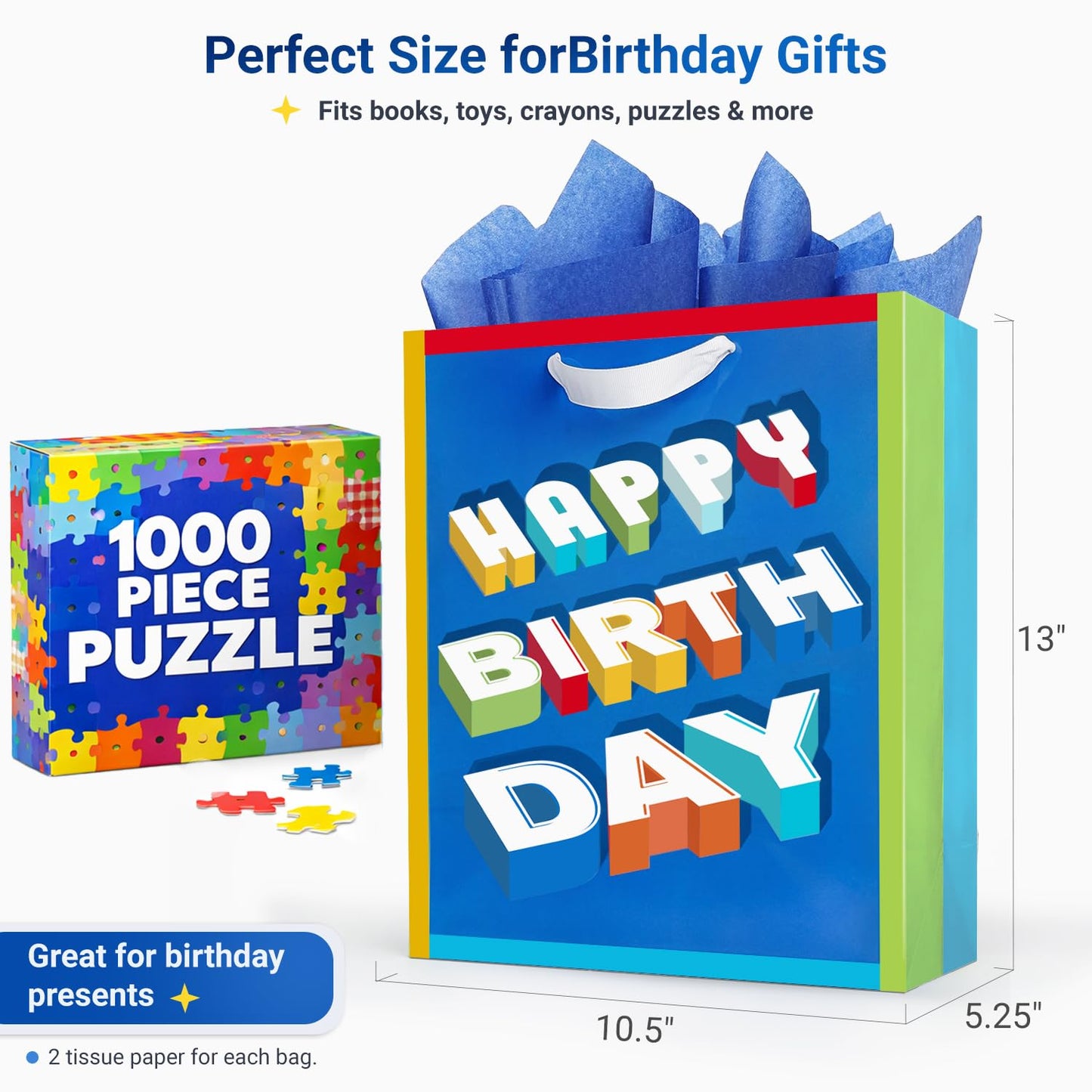 Party Funny Kids Blue Birthday Gift Bags with Tissue Paper, 2 Pack 13" Medium Paper Gift Bag Set with Handles, Colorful Cake and Happy Birthday Present Bags for Boys