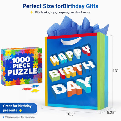 Party Funny Kids Blue Birthday Gift Bags with Tissue Paper, 2 Pack 13" Medium Paper Gift Bag Set with Handles, Colorful Cake and Happy Birthday Present Bags for Boys