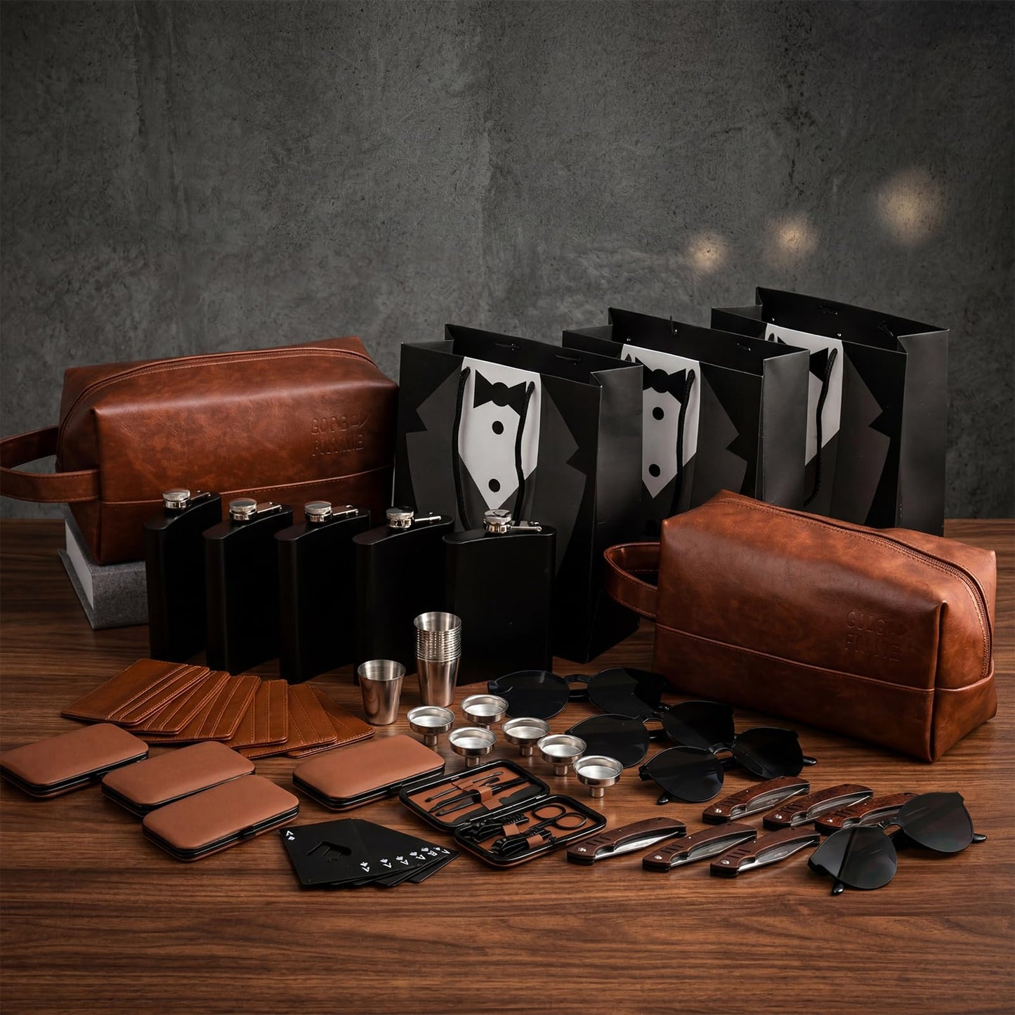 Suclain 60 Pcs Groomsmen Proposal Gift 6 Leather Toiletry Bag 6 Card Bag 6 Manicure Set 6 Stainless Steel Hip Flask Set 6 Poker Bottle Opener 6 Sunglasses 6 Knifes 6 Groomsmen Gift Bags
