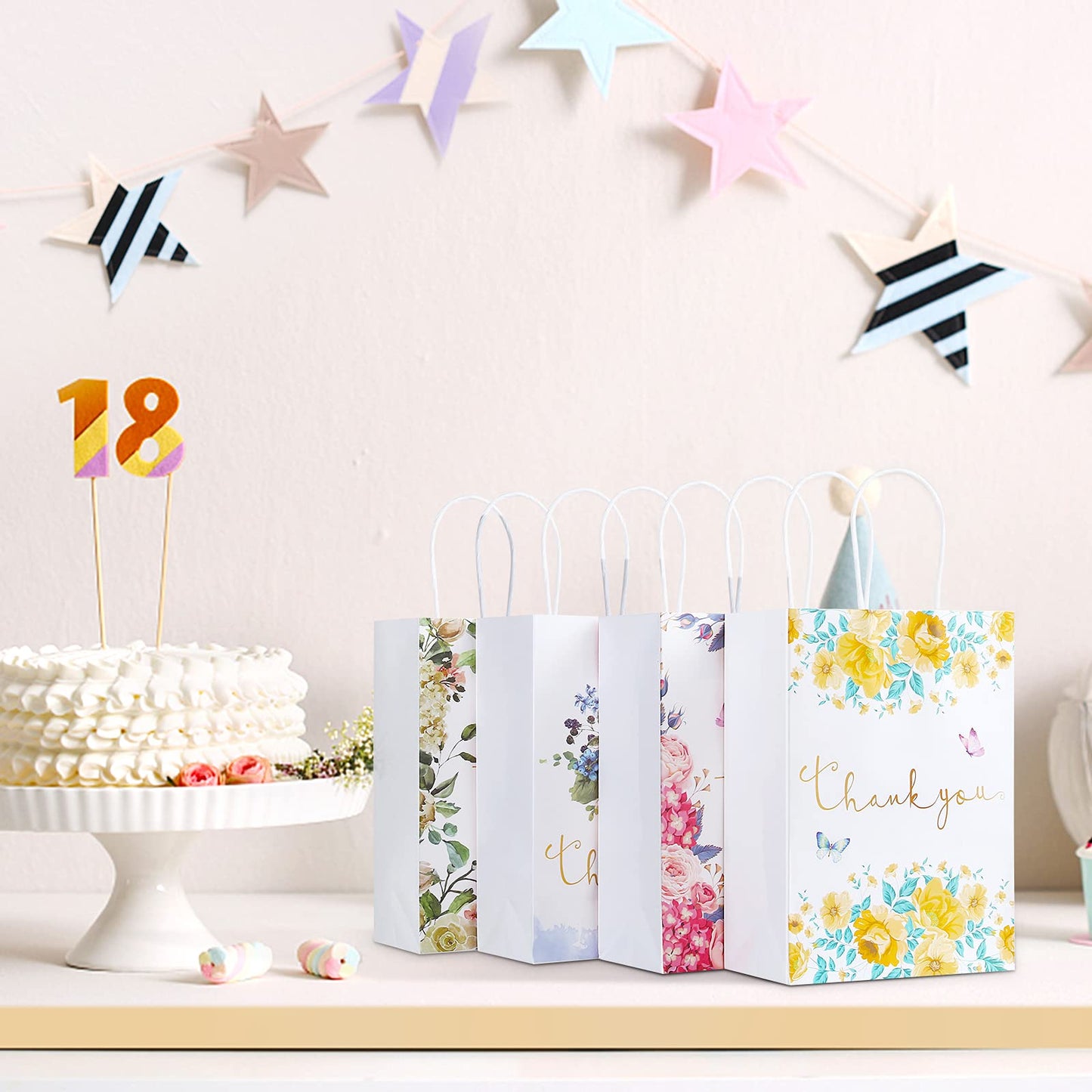 Kesote Small Thank You Gift Bags 12 Pack Floral Design Thank You Bags with Handles, 8.6" X 6.2" X 3" White Kraft Paper Bags Favor Bag Gift Bags for Small Business Wedding Bridal Shower Baby Shower