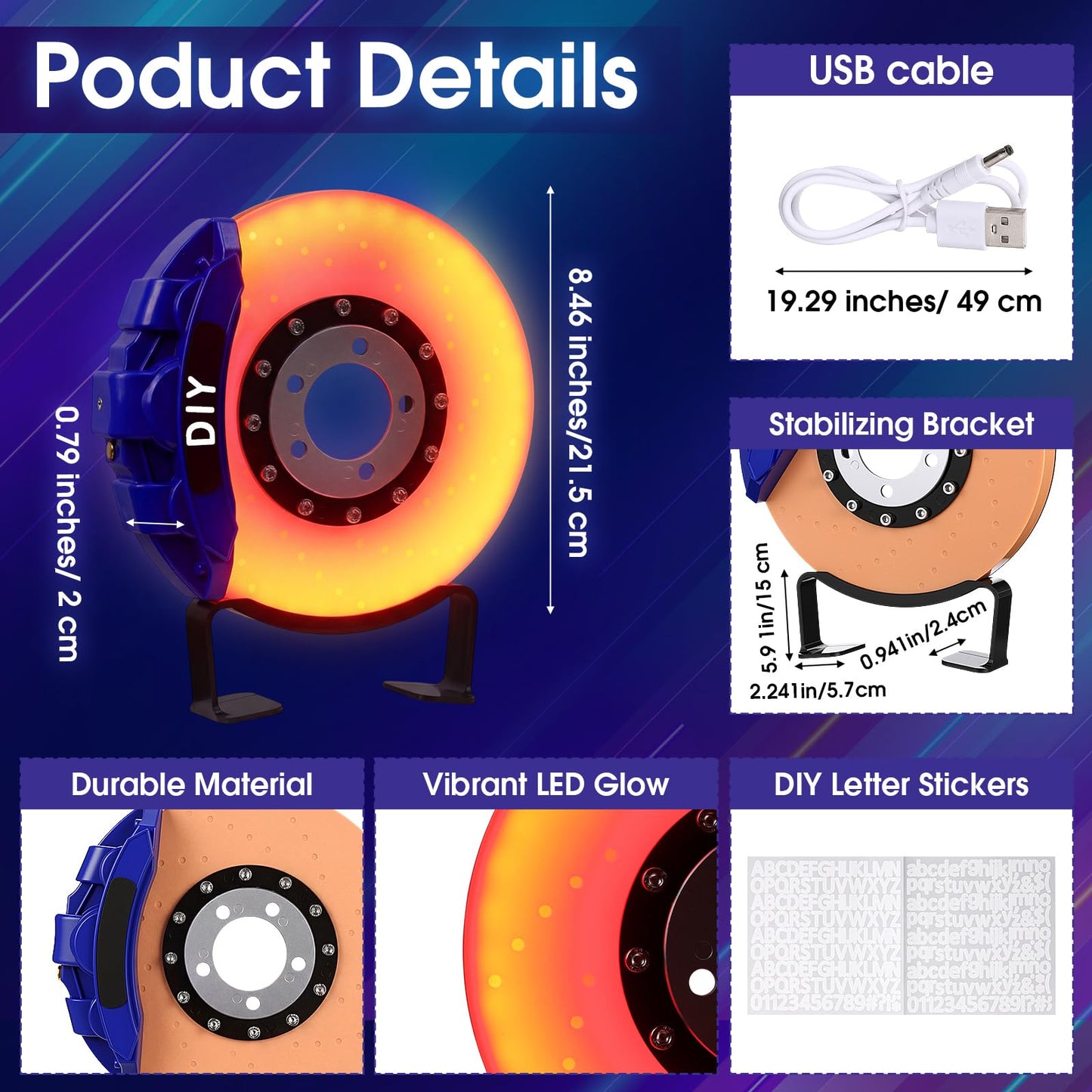 WILLBOND Brake Disc LED Lamp Cool Lamps for Men, Rechargeable Ambient Touch Night Light Unique Gifts for Him Dad Car Lover Fathers Day Birthday Holiday Room Office Home Decor(Blue - Orange Yellow)