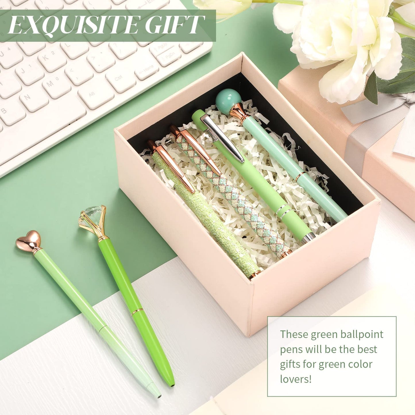 Qeeenar 6 Pcs Ballpoint Pens Set Metal Crystal Diamond Pen for Journaling Glitter Pretty Cute Stationery Black Ink Fancy Gifts for Women Girls Teacher Office Wedding School Supplies(Green Series)