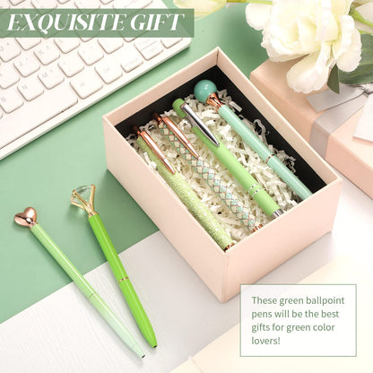 Qeeenar 6 Pcs Ballpoint Pens Set Metal Crystal Diamond Pen for Journaling Glitter Pretty Cute Stationery Black Ink Fancy Gifts for Women Girls Teacher Office Wedding School Supplies(Green Series)