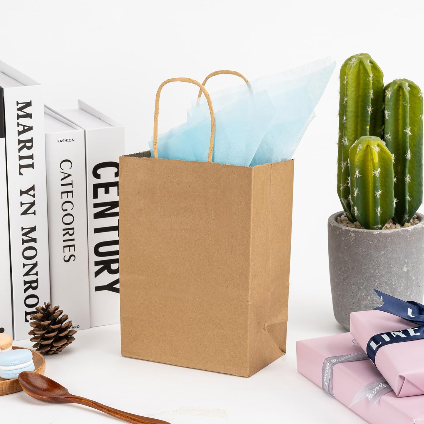 100 Pack 5.8x3.2x8.25 Inch Brown Kraft Paper Gift Bags with Handles - Bulk Small Plain Natural Bags for Birthday Party Favors, Grocery, Retail Shopping, Wedding, Craft, Goody, Takeouts, and Business