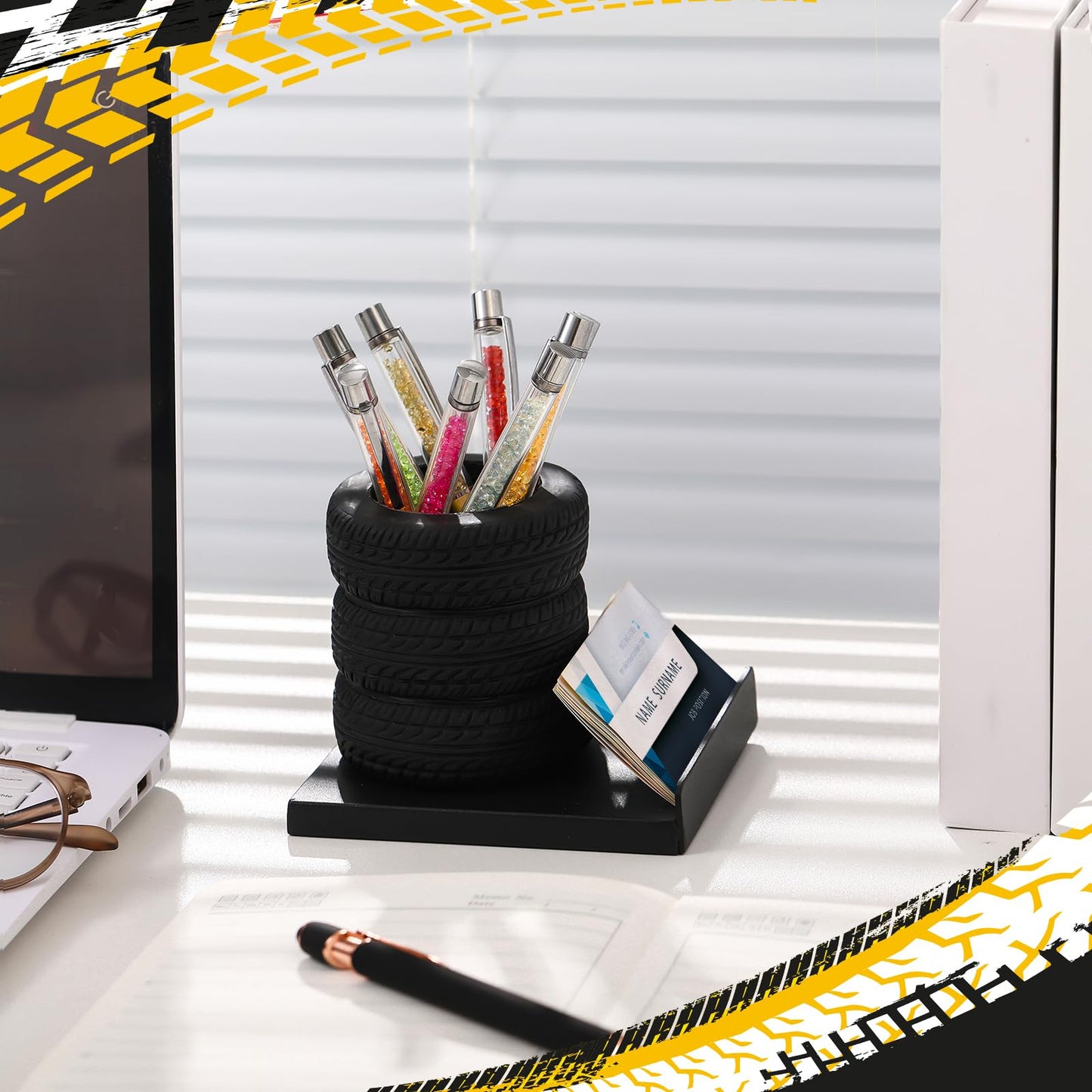 Feifeiya Tire Shape Stationery Set Metal Tire Shaped Pen Holder Business Card Holder Automotive Organizer for Man Desk Office School Cool Mechanic Gifts Car Lovers Accessories