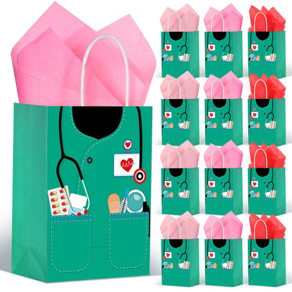 Nezyo 30 Pcs Nurse Gift Bags with 30 Wrapping Tissue Papers Nurses Appreciation Week Gifts Bags Stylish Nurse Appreciation Gifts for Thank Party Memorable Nursing Assistant Graduates Medical (Green)