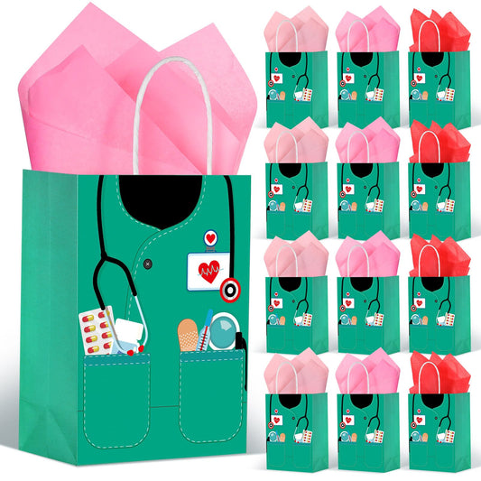 Nezyo 30 Pcs Nurse Gift Bags with 30 Wrapping Tissue Papers Nurses Appreciation Week Gifts Bags Stylish Nurse Appreciation Gifts for Thank Party Memorable Nursing Assistant Graduates Medical (Green)