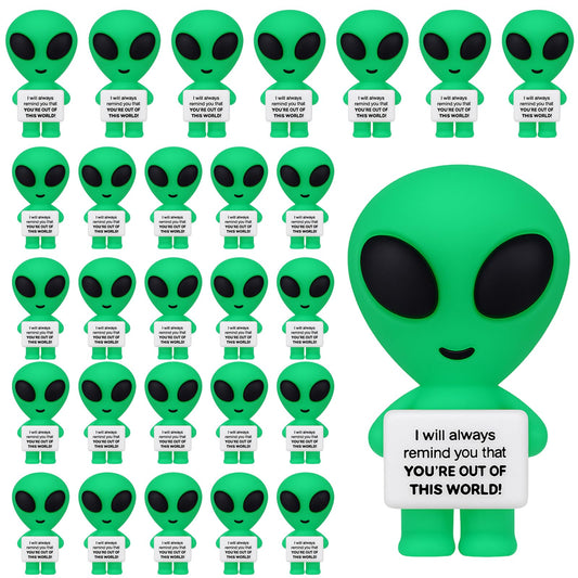 Gejoy 25 Pcs Mini Alien Figures Positive Gifts Motivational Message Decorations Inspirational Rubber Mini Alien Figurines for Colleague Staff Teacher