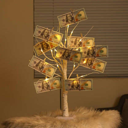 Money Tree Gift Card Holder , 24 LED Warm White Lights USB and Battery Powered, with Clips and Greeting Cards, Gift Holder Decor for Cash Photo Mother's Day Graduation Gifts