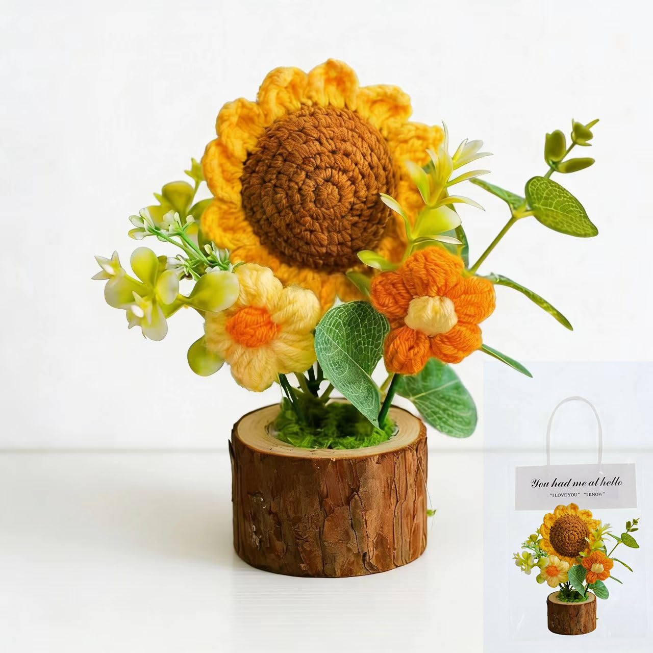 Handmade Knitted Sunflower Potted Plant - Boho Home Decor for Desk Office Car Dashboard Cute Crochet Sunflower Artificial Flower Decor Inspirational Gift for Women Mom Wife Sister Teacher