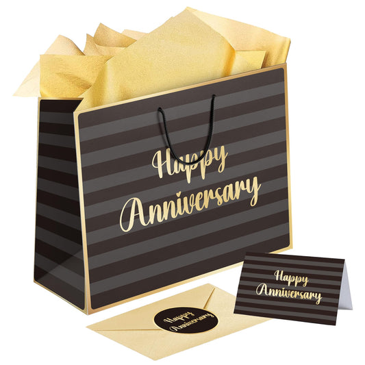 Sumerk 13" Large Anniversary Paper Bag with Tissue Papers and Greeting Card, Envelope and Stickers - Special Anniversary Wrapping Bag with Clear Window and Card Holder
