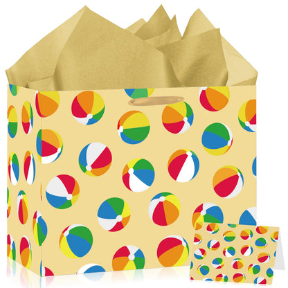 Woosytoo Beach Ball Gift Bag with Tissue Paper and Card - Colorful Summer Pool Party Gift Wrapping Bag - Hawaiian Luau Theme Birthday Present Sack for Kids Boys Girls Women Men