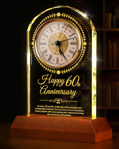 60th Wedding Anniversary Crystal Quartz Clock with Wooden Light Base,60 Years of Marriage Gift,Happy Diamond Anniversary Decoration Gift,for Parents,Grandparents,Couple
