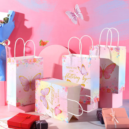 TaoBary 24 Pcs Butterfly Party Favors Gift Goodie Treat Candy Bags Thank You for Fluttering by Paper Bags with Handles for Girls Butterfly Birthday Party Supplies Baby Shower(Watercolor Style)