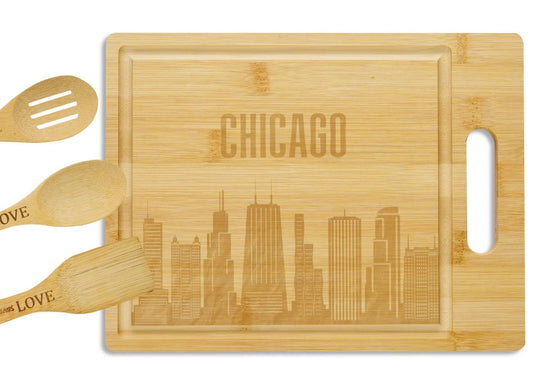 Chicago City Skyline Gifts Bamboo Cutting Board with Wooden Spoon Chicago Lovers, Skyline Map Kitchen Gift for Christmas, Mother's Day - 11.4 x 8.6