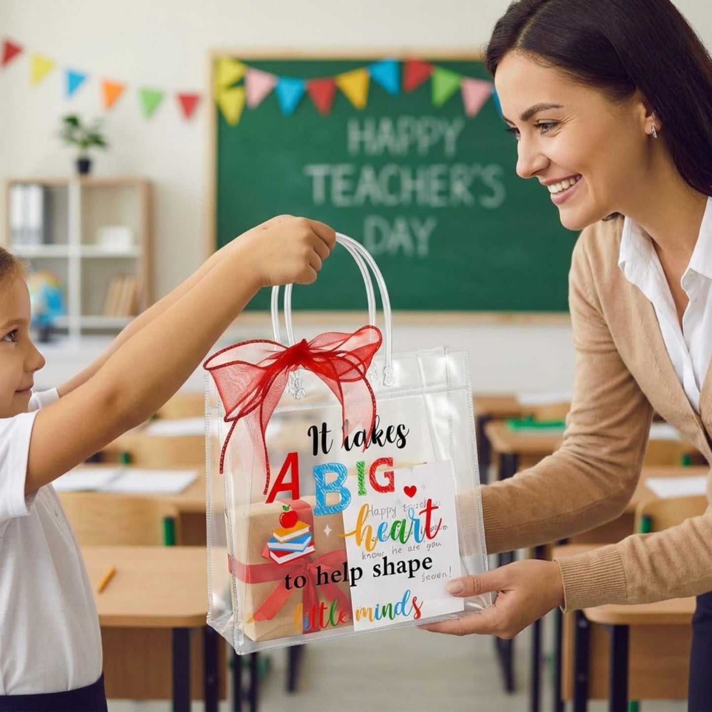 Henoyso 24 Pcs Teacher Appreciation Gift Bags Bulk Clear PVC Party Favor Bags with Handles and Ribbon, 7.8 x 7.8 x 3.1 Inches Plastic Candy Goodie Treat Totes for End of Year Wrapping Supplies