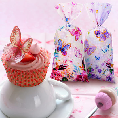 100 Pcs Butterfly Gift Bags - 10.8 x 5 Inch Butterfly Goodie Bags Cellophane Spring Flower Treat Candy Bag Party Favor Bag with 150 Twist Ties for Girls Butterflies Baby Shower Birthday Party Supplies