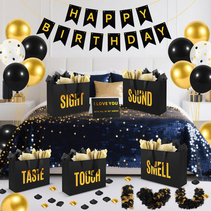 5 Senses Gift Bags For Him Her With Labels Tissue Paper and Handles, Comes With Birthday Decoration Rose Petals and Happy Birthday Banner Balloons for Valentine's Day (Black Gold, 12.6 x 8.7 x 4 inch)