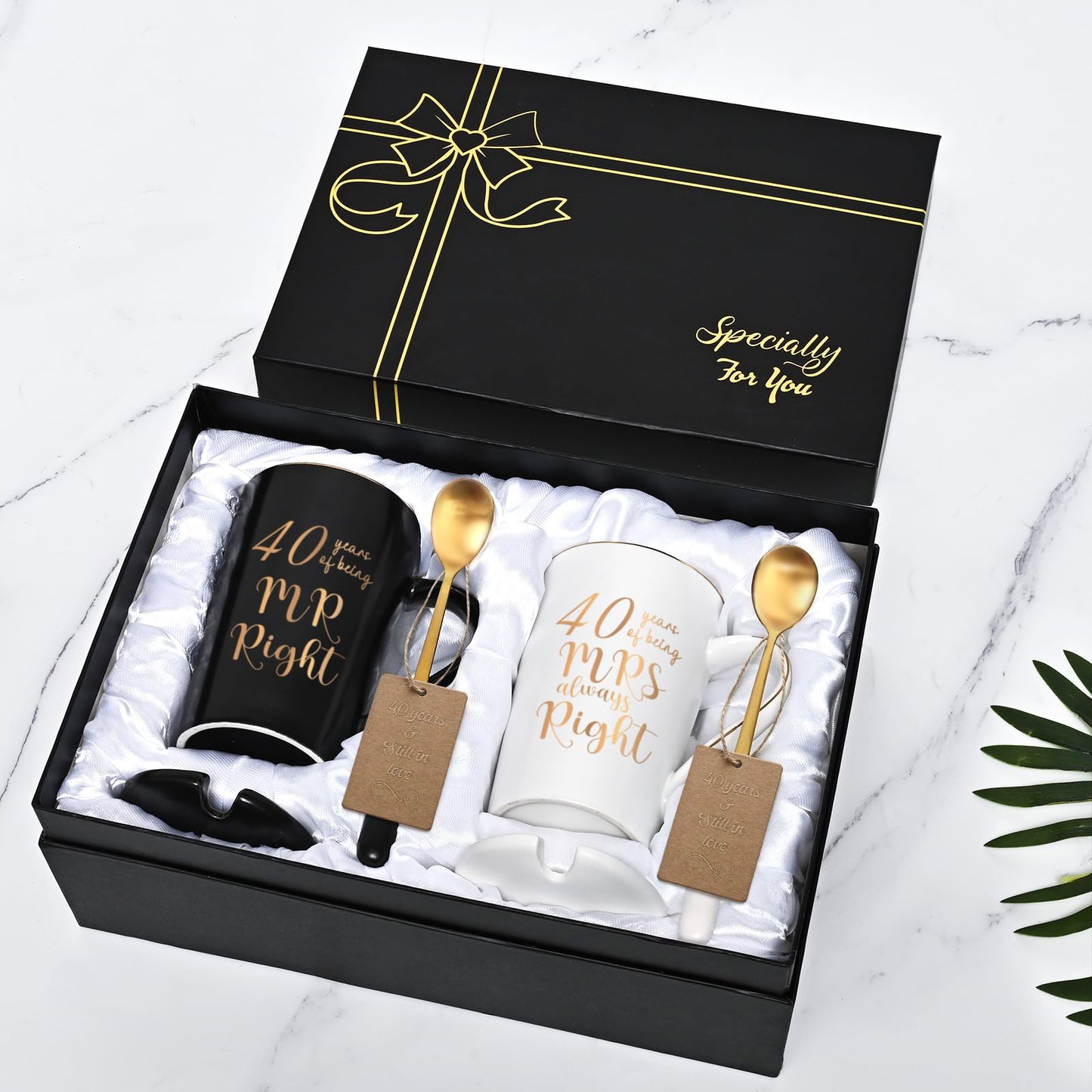 YHRJWN 40th Wedding Gifts, 40 Years of Being Mr & Mrs Always Right Mug Set 14Oz with Lids Spoons and Gift Box, Christmas Anniversary Presents for Parents Couple