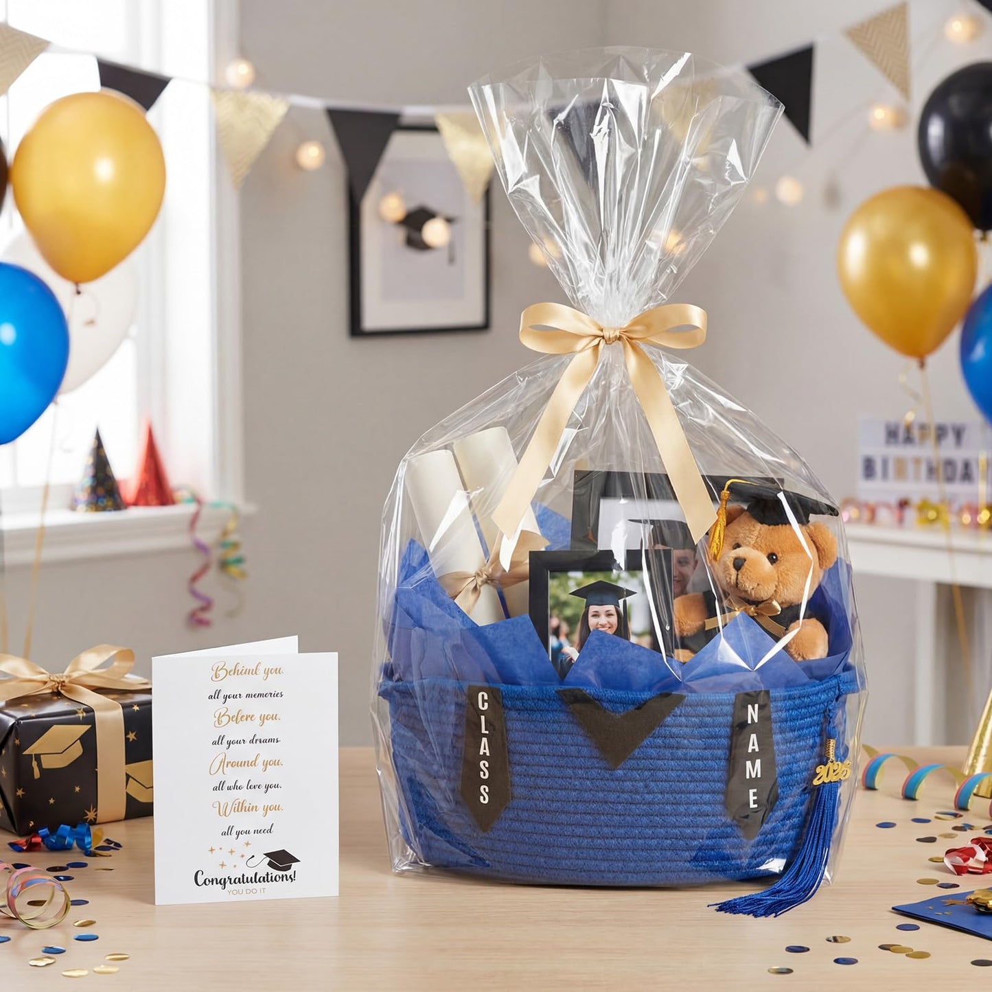 Colingmill Class of 2026 Senior Graduation Gift Basket Empty, 14x10x5.5 Inch Woven Rope Basket with Grad Design Bag & Ribbon Letter Stickers Tassel & Card Decorative DIY Congrats Gift(Black and Blue)
