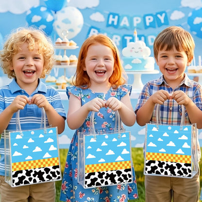 Wood Homing 24PCS Cartoon Story PVC Clear Gift Bag with Handle, Blue Sky White Cloud Cow Reusable Plastic Party Favor Bags for Kids, Toy Inspire Game Themed Goodie Bags Baby Shower Birthday Decoration