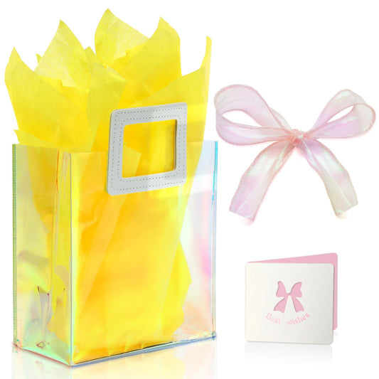 KeerxunBag 1 Pack Holographic Gift Bags with Handles & 2 Tissue Paper Sheets – Iridescent Transparent Reusable Bags for Women, Girls, Birthdays, Weddings，Yellow Gift Bag