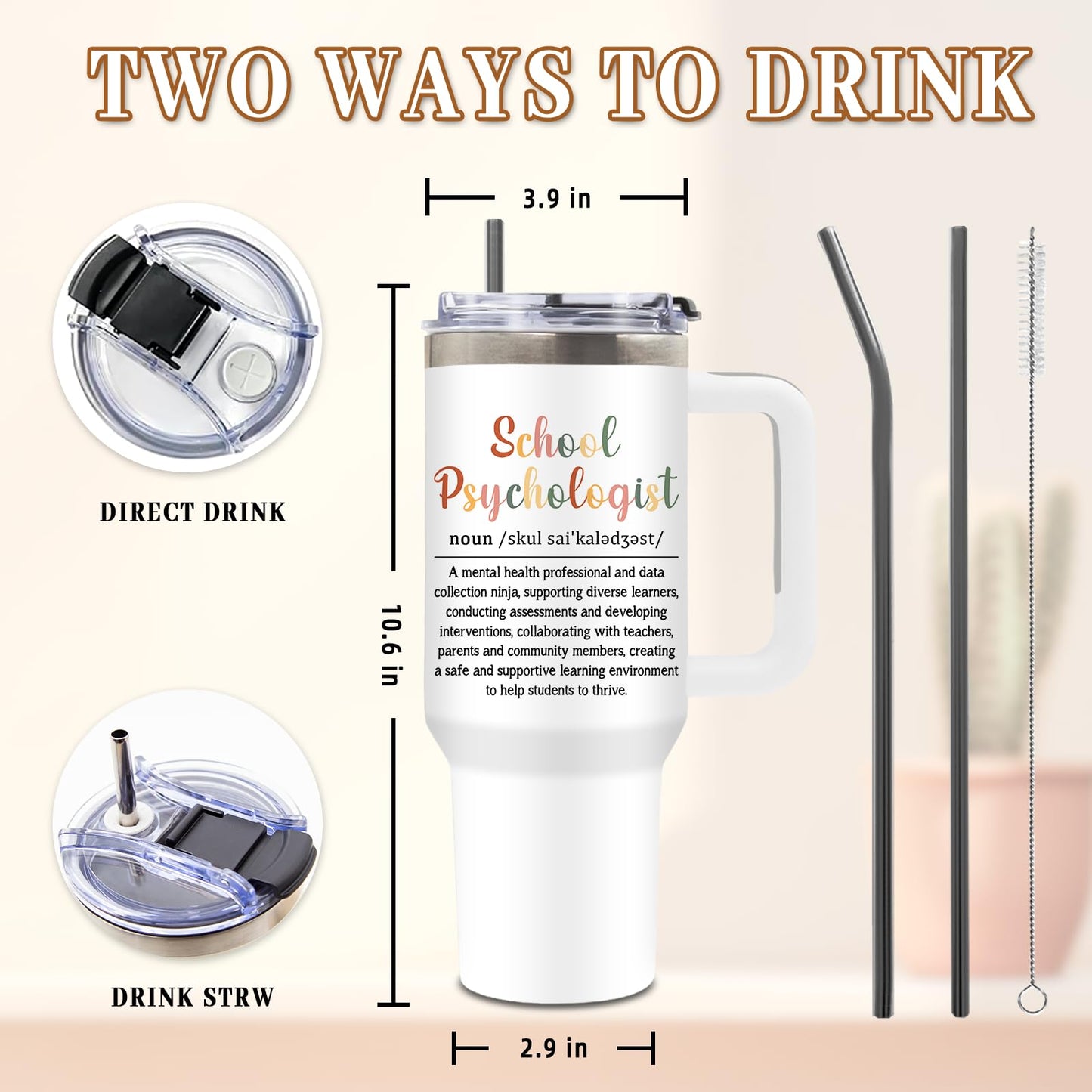 DUUV School Psychologist Insulated Tumbler 40oz, Psychology Teacher Cup Gifts for School Counselor, Leakproof Psychologist Tumbler for Women, Appreciation Birthday Ideal Gift for Teachers, 1 Pack