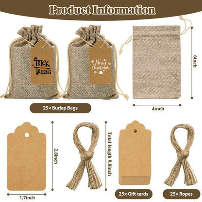 flowsac 25PCS Burlap Gift Bags With Drawstring, 4x6 Small Party Favor Gift Bags, Burlap Linen Sacks Bags for Christmas, Party, Jewelry Pouches, Festival, Birthday, DIY Craft