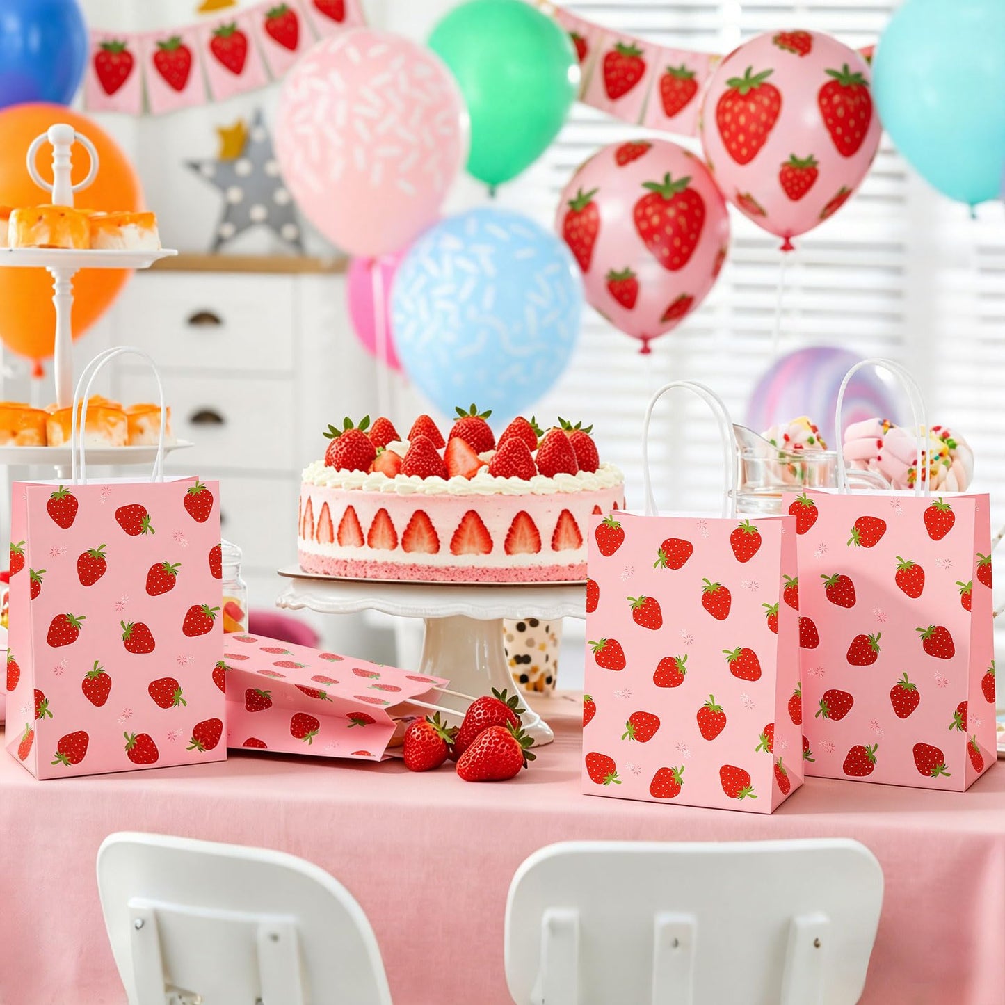 Hxezoc 12 Pieces Strawberry Gift Bags with Handle, Paper Treat Candy Bag Strawberry Party Favor Bags for Strawberry Theme Sweet Birthday Party Decoration Supplies