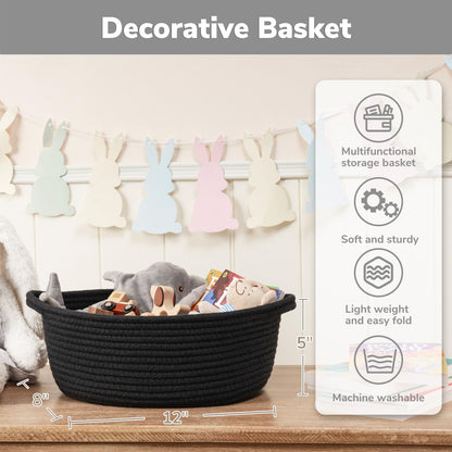 Goodpick Small Woven Basket, Baskets for Gifts Empty, Baby Basket with Handles, Black Baskets for Organizing, Dog Toy Basket, Rope Baskets for Storage, 12" x 8" x 5"