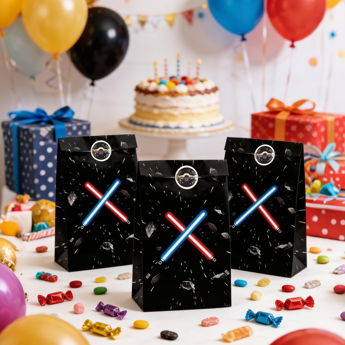 FestiVex 12Pcs Black Galaxy Goodie Paper Bags with Airship Stickers, Space Themed Candy Bags for Birthday Party Favors, Baby Shower, Video Game Party Decorations for Kids and Teens (12)