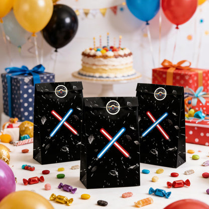 FestiVex 12Pcs Black Galaxy Goodie Paper Bags with Airship Stickers, Space Themed Candy Bags for Birthday Party Favors, Baby Shower, Video Game Party Decorations for Kids and Teens (12)