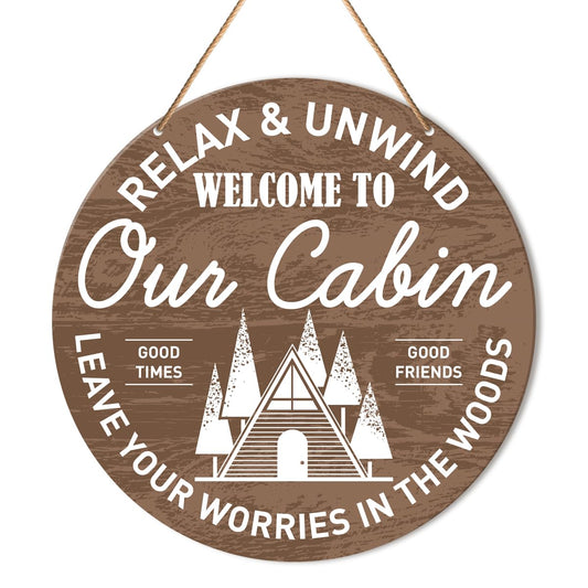 Camping Welcome Door Sign, Summer Camp Round Hanging Sign Decor Farmhouse Wall Decorations Wood Sign for Cabin, RV, Front Door, Porch, Entryway, Housewarming Gift for Camper, Welcome to Our Cabin