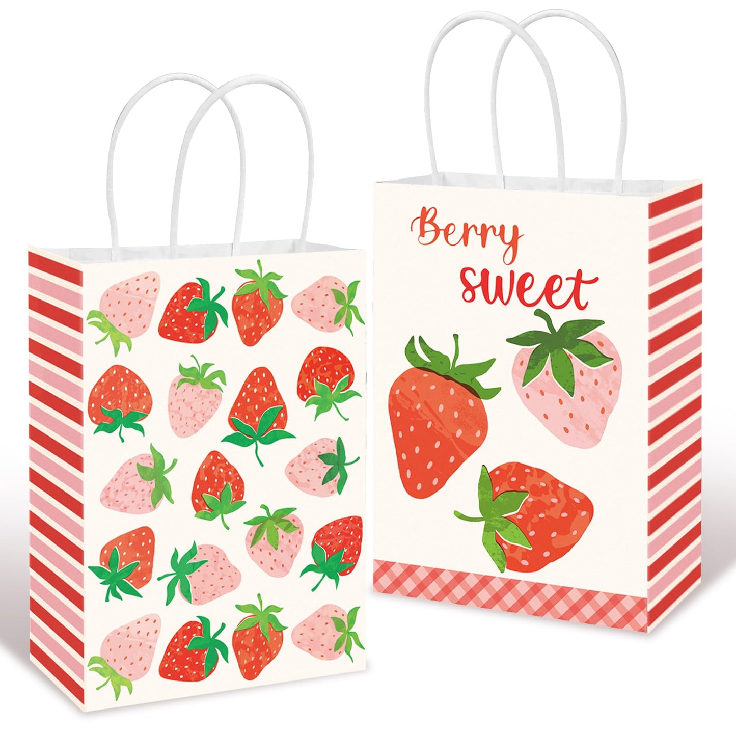 JarThenaAMCS 24 Pcs Strawberry Paper Gift Bags with Handle Pink Red Berry Sweet Party Favor Bags Goodie Candy Treat Bag for Wedding Baby Bridal Shower Party Favor Supplies, 2 Design