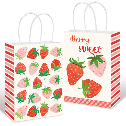 JarThenaAMCS 24 Pcs Strawberry Paper Gift Bags with Handle Pink Red Berry Sweet Party Favor Bags Goodie Candy Treat Bag for Wedding Baby Bridal Shower Party Favor Supplies, 2 Design