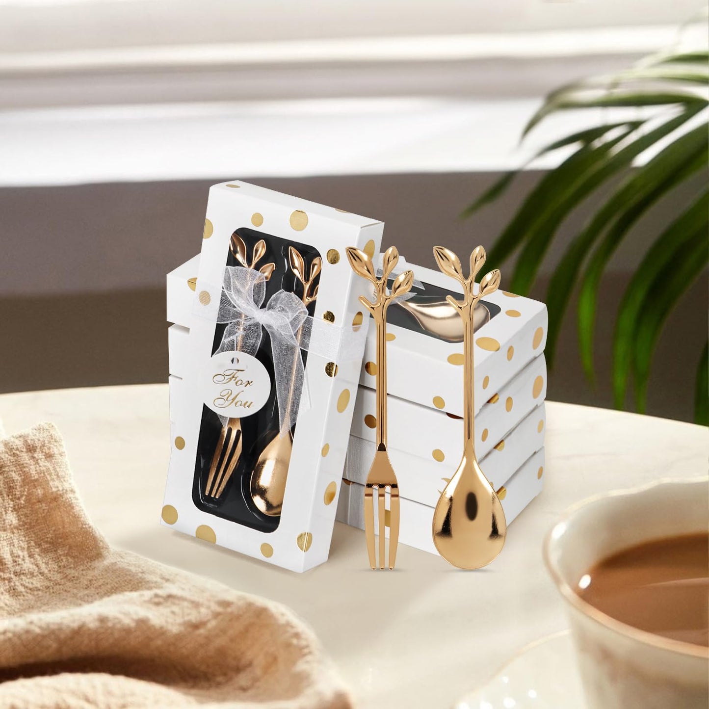 32 Pcs (16 Packs) Tea Party Favors - Perfect Souvenir for Any Occasion, Includes 16 Teaspoons with 16 Forks for Wedding, Bridal & Baby Shower Gifts for Guests (Leaf)