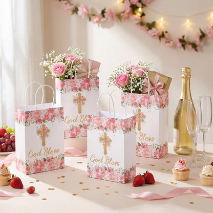 Marspark 24 Pcs Baptism Gift Bags for Guests First Communions Cross Floral Paper Gift Bags with Handles God Bless Religious Treat Paper Christian Party Supplies for Christenings Baptism Wedding
